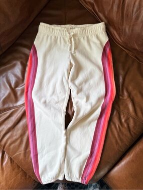 Marine Layer Kids Cream Sweatpants with Pink & Red Side Stripes